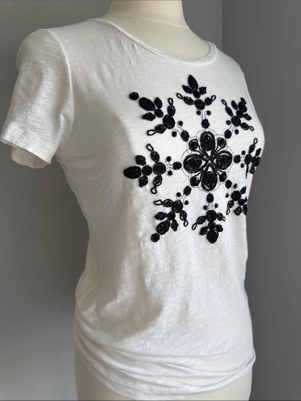 J Crew Tee with Black Beaded Appliqué - White, Size M